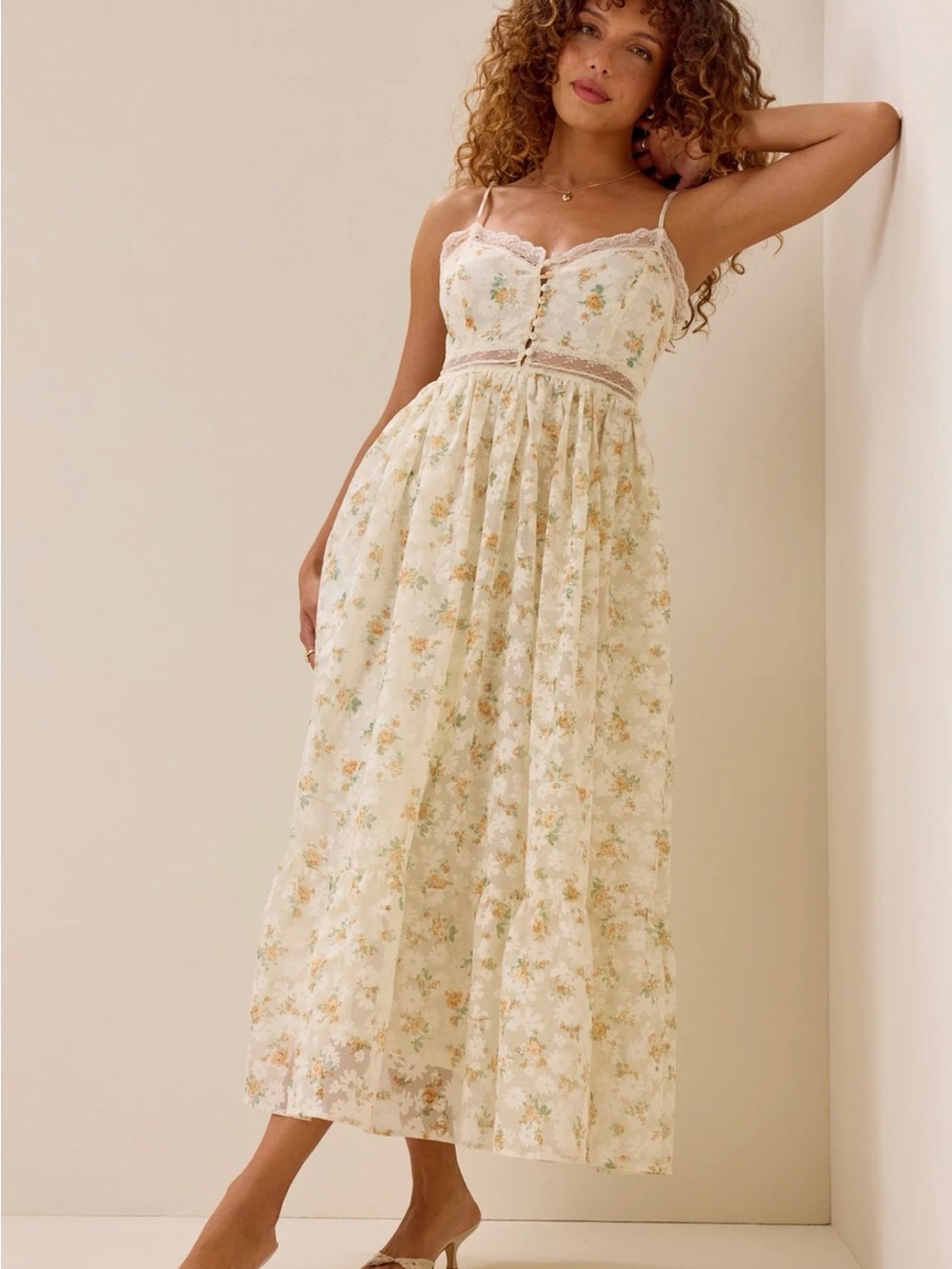 Altar'd State Cream Floral Lace-Trim Maxi Dress